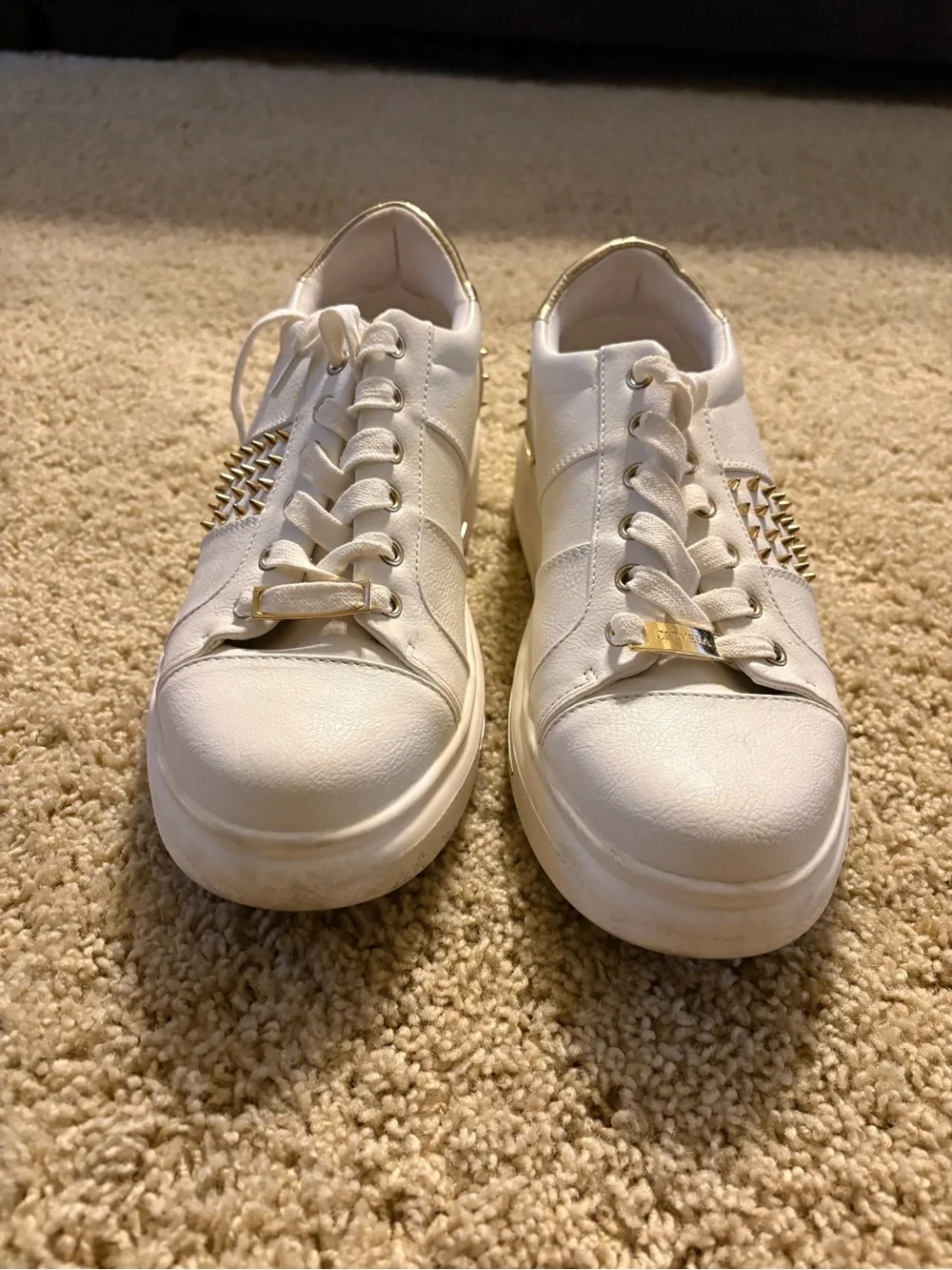 Women's White Low-Top Sneakers with Gold Stud Accents